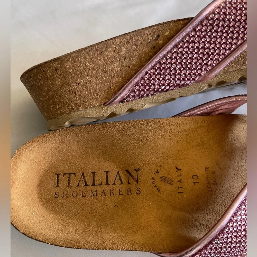 Metallic Pink, Shimmery Italian Shoemakers Cork Wedge Thong Sandals 1.5” H NWOT